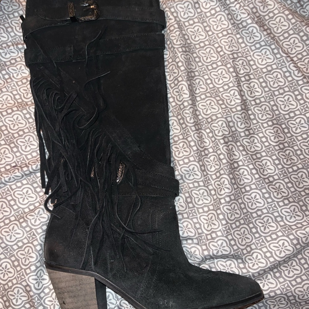 Stylish Black Fringe Knee-High Boots